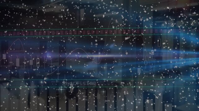 Animation of snow falling over data processing on black background