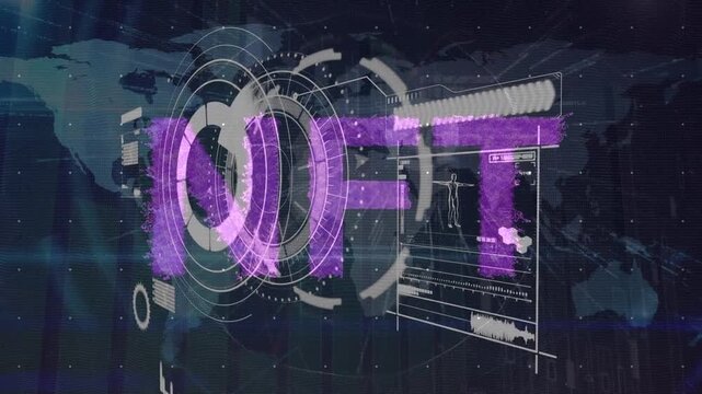Animation of data processing with nft text over world map and scope scanning