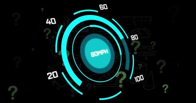 Animation of question marks over scope scanning with data processing on black background