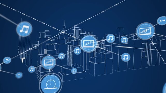 Animation of digital laptop and music icons interconnecting with lines over moving buildings
