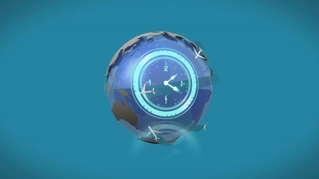 Animation of clock moving and planes over globe