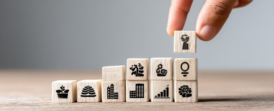 A hand places a cube atop a stack of blocks, all with icons. The blocks form a step-like structure, signifying progress or growth