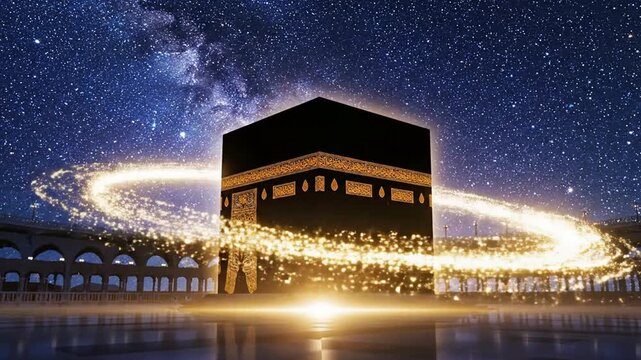 Kaaba at night with sparkling light trails and starry sky background