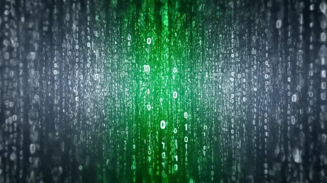 Digital Matrix Code Rain - Abstract Green and Blue Binary Data Stream.