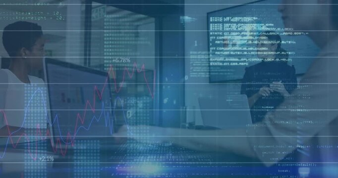 Animation of statistical data processing over businesswoman giving a presentation at office