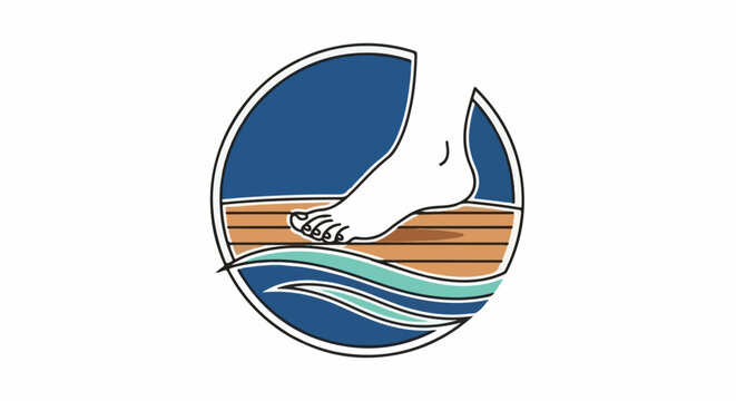 A minimalist circular logo depicting a bare foot on a wooden deck above water