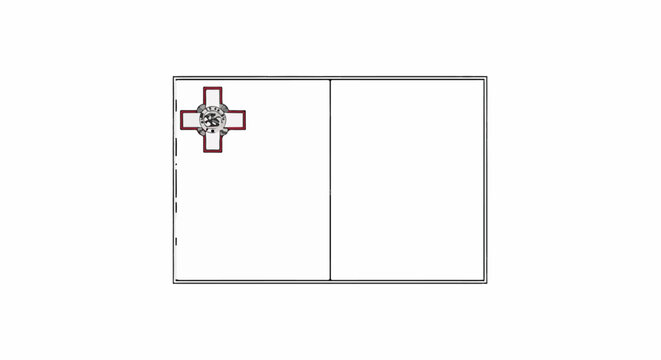 A minimalist flag design, featuring a white field divided vertically with a red-bordered cross emblem