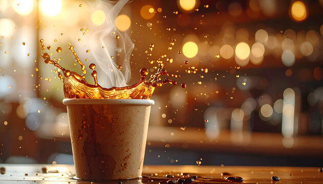 A close-up shot captures a paper cup overflowing with hot coffee, creating a dynamic splash effect against a blurred, warm-toned background of bokeh lights and scattered coffee beans.