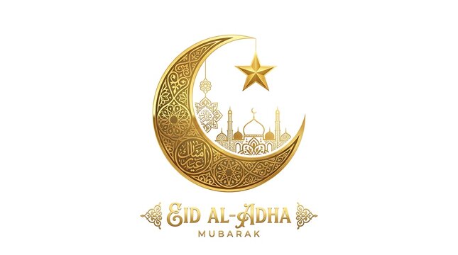 Golden crescent moon and star design for eid al adha celebration