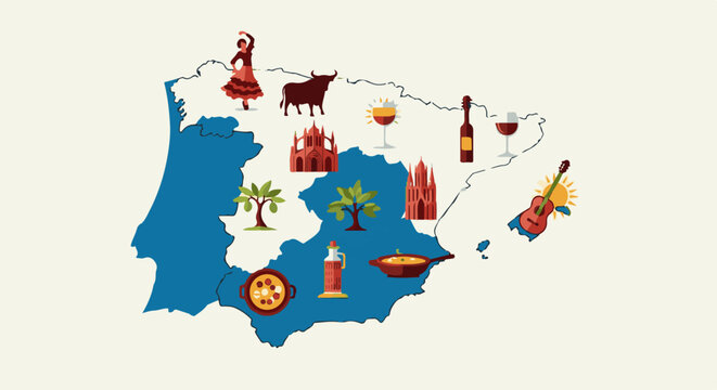 A map of a European country adorned with cultural and culinary icons