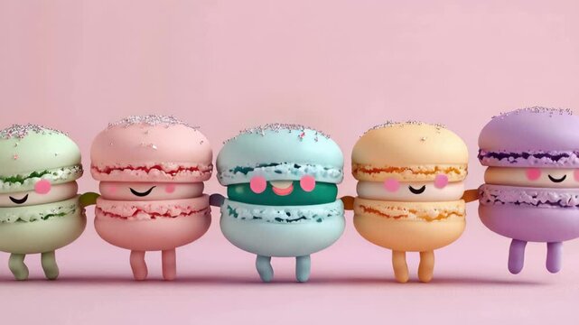 Colorful macarons stand in a line with smiles and arms around each other on a soft pink background during daylight