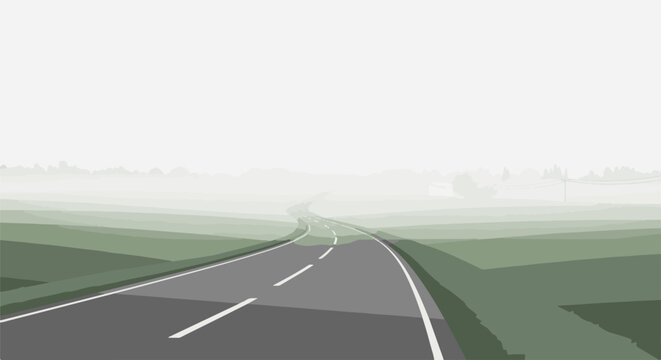 A misty road curves through layered green hills under a pale sky