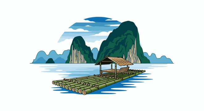 A pixel art scene of a bamboo raft with a hut on a tranquil blue sea with rocky islands