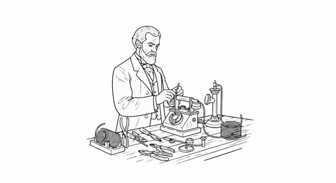 A man in a suit tinkers with a vintage telephone and tools