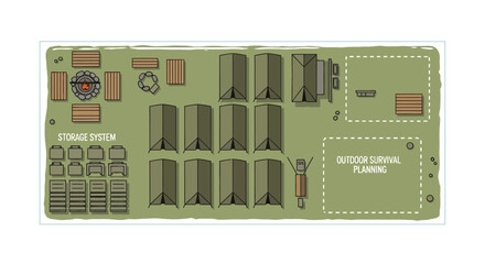 Top View Military Camp Vector Map - Outdoor Survival Planning and Tent Layout Infographic. © Imroatul mutmainah