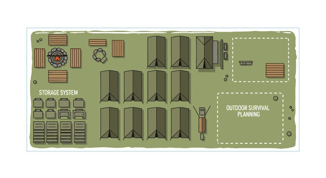Top View Military Camp Vector Map - Outdoor Survival Planning and Tent Layout Infographic.