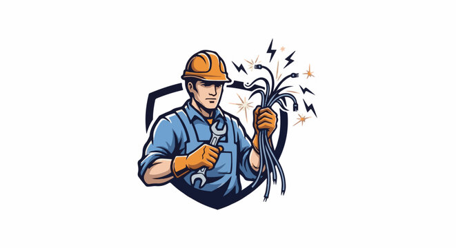 A male electrician in a hard hat and overalls holds wires and a wrench