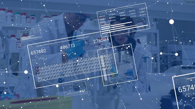 Left tech picking up blue pipet, lab partner inspecting while HUD panels updating data for analysis