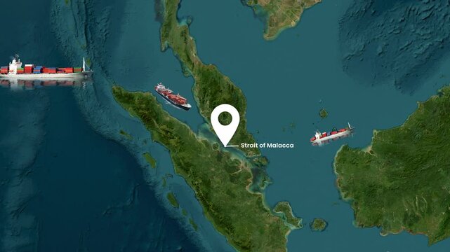 Cargo ships navigating the Strait of Malacca in motion animation footage
