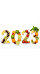 Obraz premium Wooden number 2023 filled with assorted fruit slices and mint leaves, showcasing fresh, colorful, and healthy new year concept for celebration