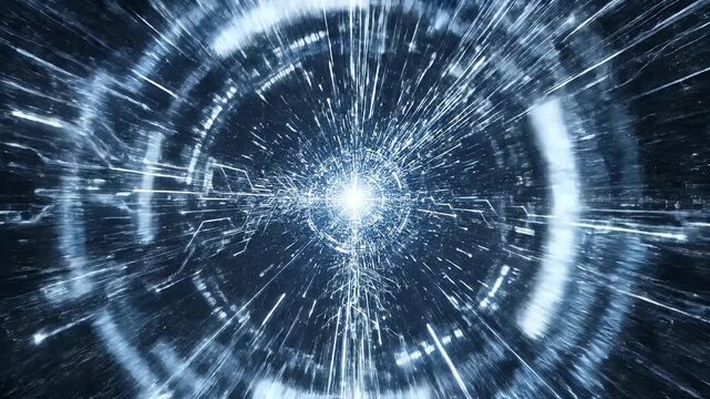 A bright blue light emanates from a central point, creating a vortex of white lines against a dark background
