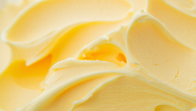 Close up macro texture of swirled yellow butter or cream with food photography background abstract