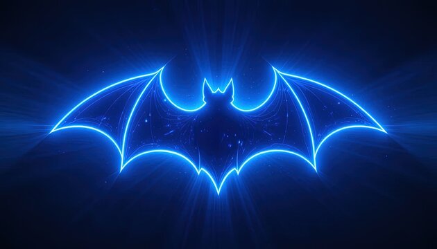 Illuminated Bat Symbol in Neon Blue, Abstract Dark Superhero Emblem for Graphic Design and Modern Dark Themed Backgrounds