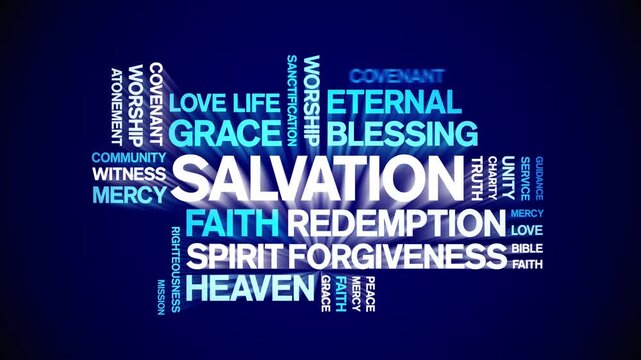 Salvation animated word cloud-text design animation tag kinetic typography seamless loop.