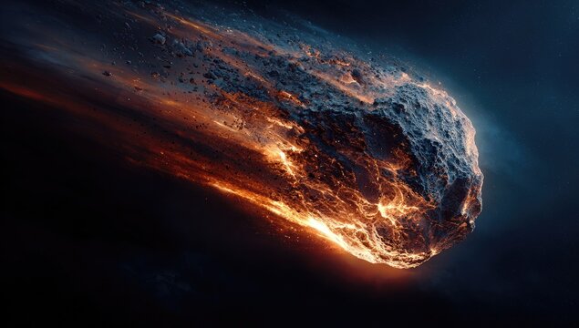 A large, rocky object hurtles through the cold darkness of space, surrounded by a fiery glow as it burns