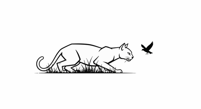 A stealthy cat stalks a small bird amongst the grass