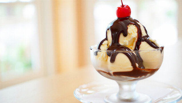 Classic ice cream sundae with chocolate syrup and a cherry, served in a glass dish, chocolate sauce
