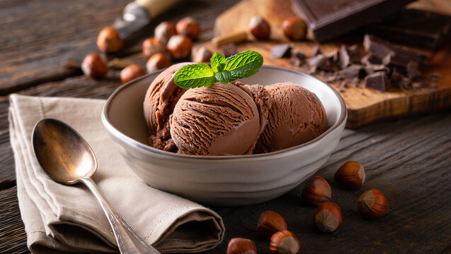 Rich chocolate ice cream scoops in bowl with hazelnuts and mint chocolate bar hazelnut