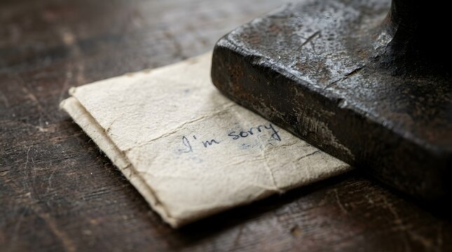 Heavy weight resting on handwritten note.