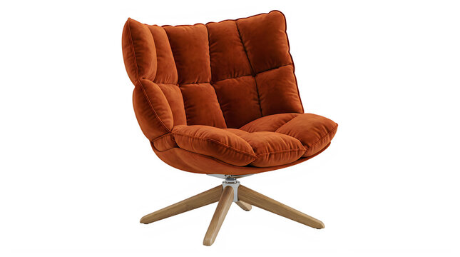 Modern orange velvet armchair with wooden legs and metal base  home furniture design transparent background