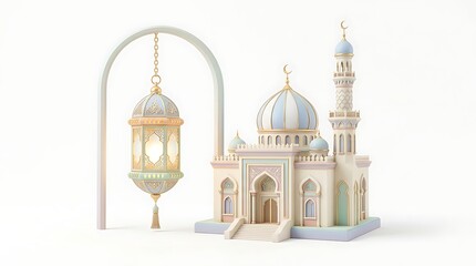 Obraz premium Islamic architecture and lantern illustration against a clean white backdrop