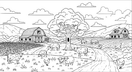 Cozy rustic farm landscape coloring page with barn farmhouse animals and fields line art © MdAmzad