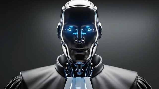 Robotic judge head turning, presenting artificial intelligence and future justice concepts through advanced cybernetic technology, futuristic legal system animation.