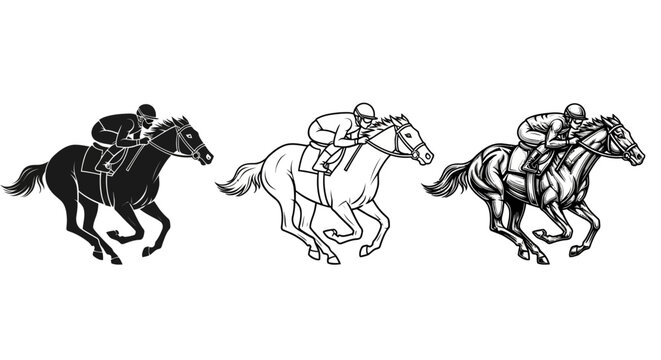 Thrilling vector illustrations showcasing racehorses and jockeys in powerful gallop. Dynamic art depicting the excitement of equestrian sport and competitive racing