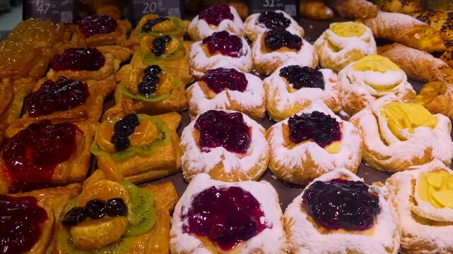 Assorted sweet pastries with fruit topping on bakery display, freshly baked dessert selection with jam glaze and powdered sugar arranged in rows