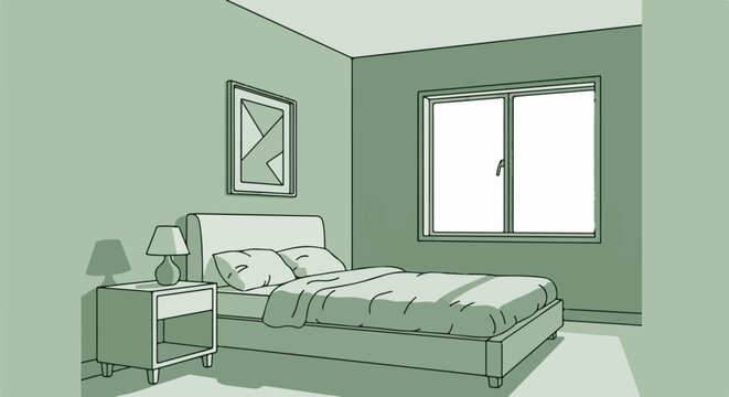 A minimalist bedroom scene with a made bed and a window view