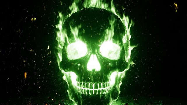 Human skull burning with green fire and glowing eyes on black background