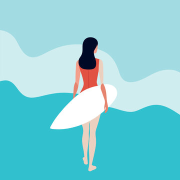 A young-woman seen-from-behind walks her surfboat. 