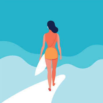 A young-woman seen-from-behind walks her surfboat. 