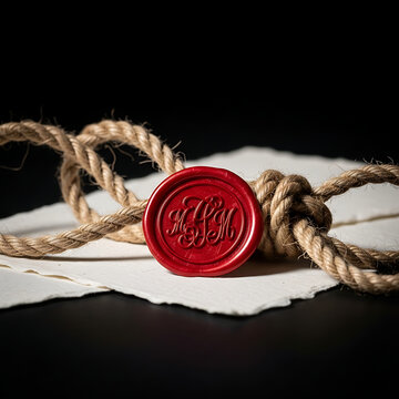 Close-up of a red wax seal with initials on parchment paper next to a thick nautical rope on a dark background