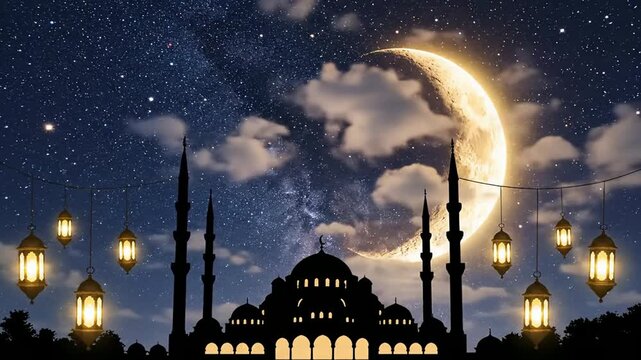 Night sky silhouette of mosque with crescent moon and decorative lanterns