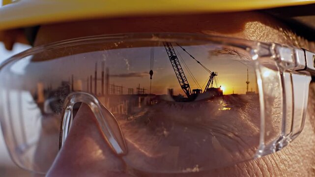 reflection of construction site and cranes in safety glasses worn by worker, sunset industrial landscape, engineering vision, planning and development concept, infrastructure project perspective
