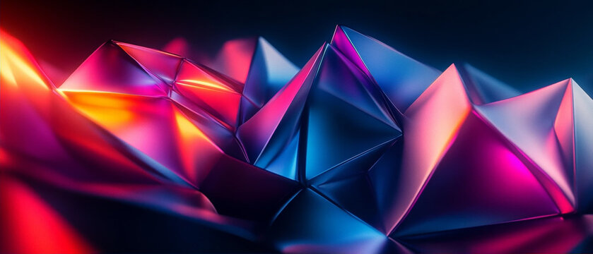 Abstract low poly geometric 3D background with vibrant neon light and metallic texture