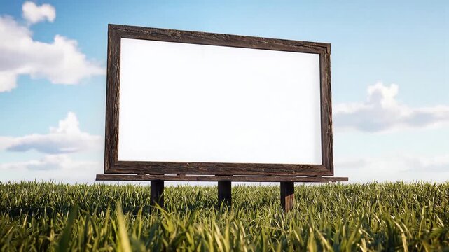 Blank Wooden Billboard Mockup Standing in Green Grass Field Under Blue Sky