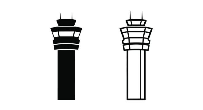 Two black and white illustrations depict air traffic control towers side by side
