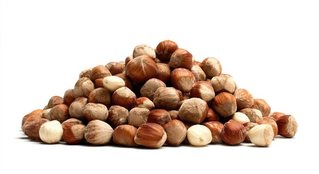 Pile of whole, unshelled hazelnuts on a white background